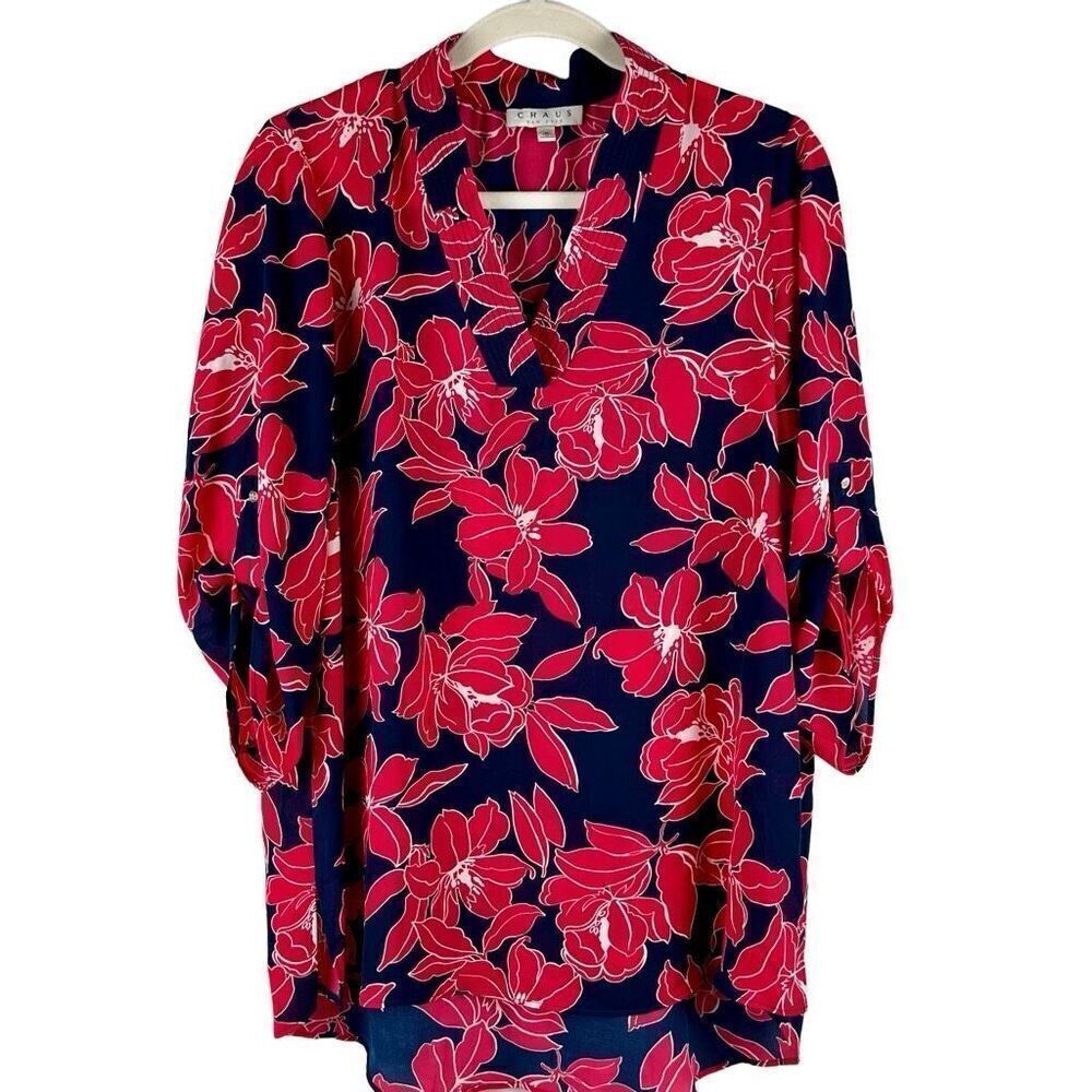 Chaus Women’s Floral Tropical Hawaiian V-Neck Blouse Medium